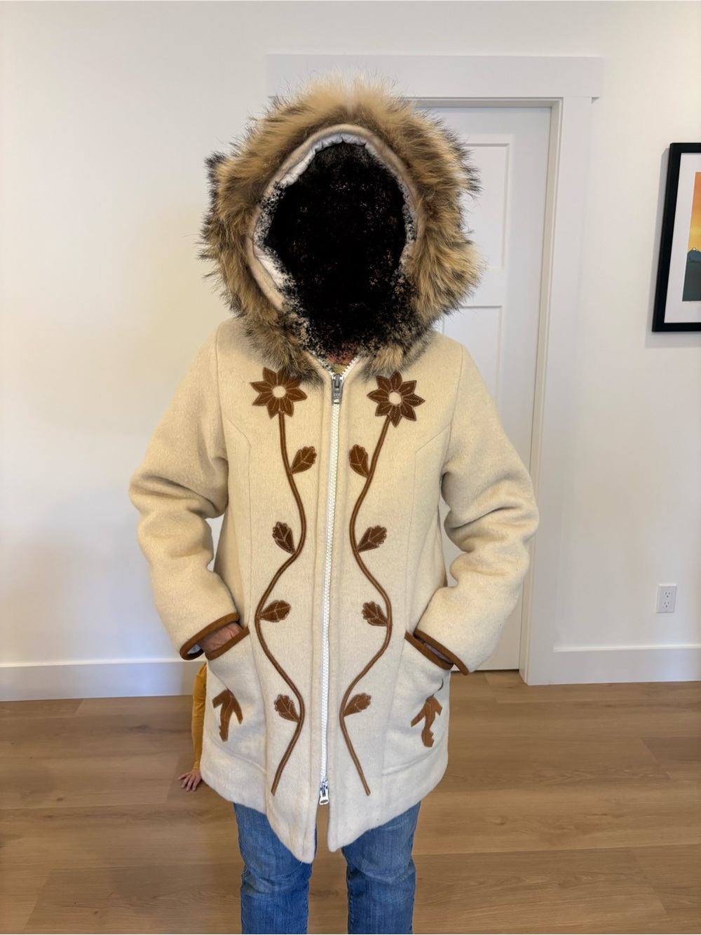 Cream Hooded Wool Coat with Fur Trim - ORIGINAL CREE INDIAN GARMENT